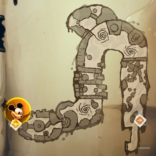 Every Pin And Where To Find Them In Epic Mickey: Rebrushed 11 An orange circle shows the location of Silver Pin no 2 on map in Disney Epic Mickey - Rebrushed