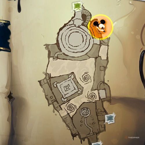 Every Pin And Where To Find Them In Epic Mickey: Rebrushed 19 An orange circle shows the location of Bronze Pin no 5 on map in Disney Epic Mickey - Rebrushed