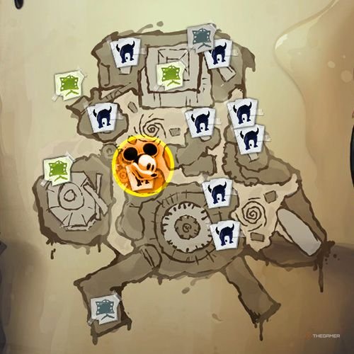 Every Pin And Where To Find Them In Epic Mickey: Rebrushed 17 An orange circle shows the location of Bronze Pin no 4 on map in Disney Epic Mickey - Rebrushed