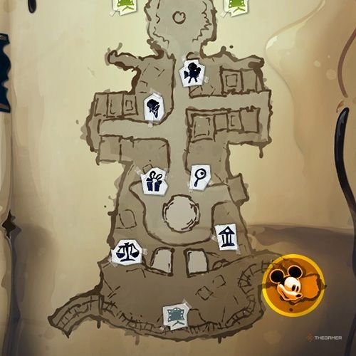 Every Pin And Where To Find Them In Epic Mickey: Rebrushed 27 An orange circle shows the location of Silver Pin no 4 on map in Disney Epic Mickey - Rebrushed
