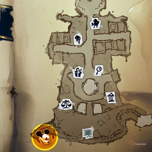 Every Pin And Where To Find Them In Epic Mickey: Rebrushed 25 An orange circle shows the location of Gold Pin no 3 on map in Disney Epic Mickey - Rebrushed
