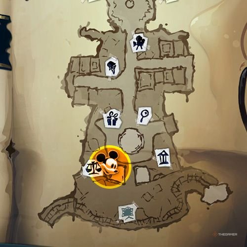 Every Pin And Where To Find Them In Epic Mickey: Rebrushed 29 An orange circle shows the location of Special Pin no 3 on map in Disney Epic Mickey - Rebrushed