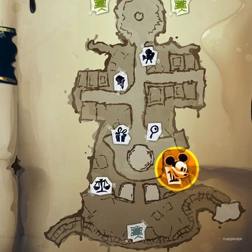 Every Pin And Where To Find Them In Epic Mickey: Rebrushed 31 An orange circle shows the location of Bronze Pin no 6 on map in Disney Epic Mickey - Rebrushed