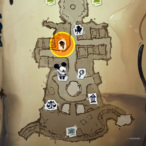 Every Pin And Where To Find Them In Epic Mickey: Rebrushed 39 An orange circle shows the location of Ice Cream Parlor in Disney Epic Mickey - Rebrushed