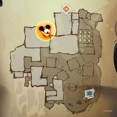 Every Pin And Where To Find Them In Epic Mickey: Rebrushed 49 An orange circle shows the location of Gold Pin no 5 on map in Disney Epic Mickey - Rebrushed