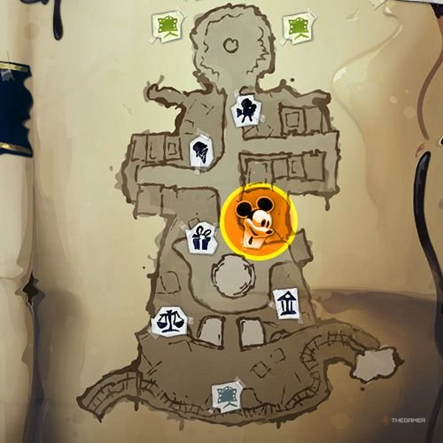 Every Pin And Where To Find Them In Epic Mickey: Rebrushed 57 An orange circle shows the location of Special Pin no 8 on map in Disney Epic Mickey - Rebrushed