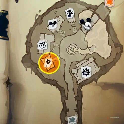 Every Pin And Where To Find Them In Epic Mickey: Rebrushed 59 An orange circle shows the location of Special Pin no 9 on map in Disney Epic Mickey - Rebrushed