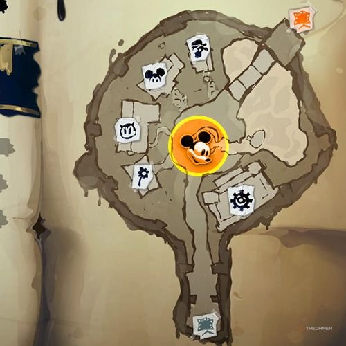 Every Pin And Where To Find Them In Epic Mickey: Rebrushed 61 An orange circle shows the location of Animatronic Goofy location on map in Disney Epic Mickey - Rebrushed