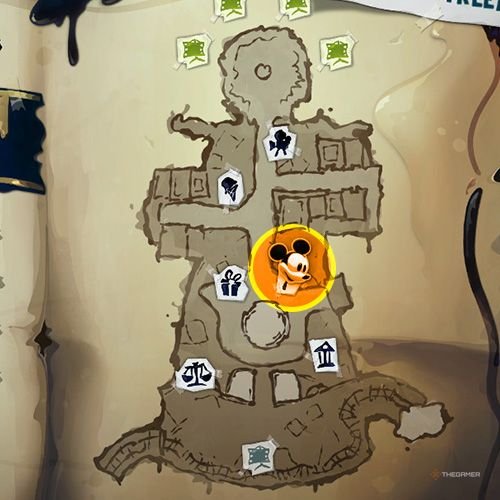 Every Pin And Where To Find Them In Epic Mickey: Rebrushed 65 An orange circle shows the location of Power Spark no 12 on map in Disney Epic Mickey - Rebrushed