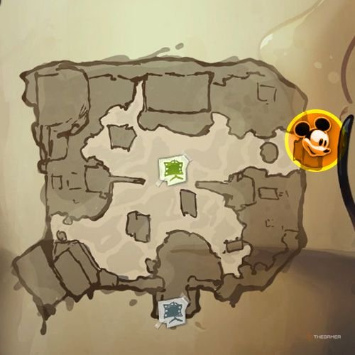 Every Pin And Where To Find Them In Epic Mickey: Rebrushed 69 An orange circle shows the location of Animatronic Goofy part 1 location on map in Disney Epic Mickey - Rebrushed