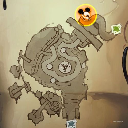 Every Pin And Where To Find Them In Epic Mickey: Rebrushed 79 An orange circle shows the location of Gold Pin no 8 location on map in Disney Epic Mickey - Rebrushed