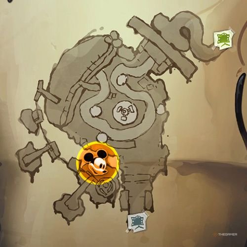 Every Pin And Where To Find Them In Epic Mickey: Rebrushed 77 An orange circle shows the location of Animatronic Goofy part 2 location on map in Disney Epic Mickey - Rebrushed