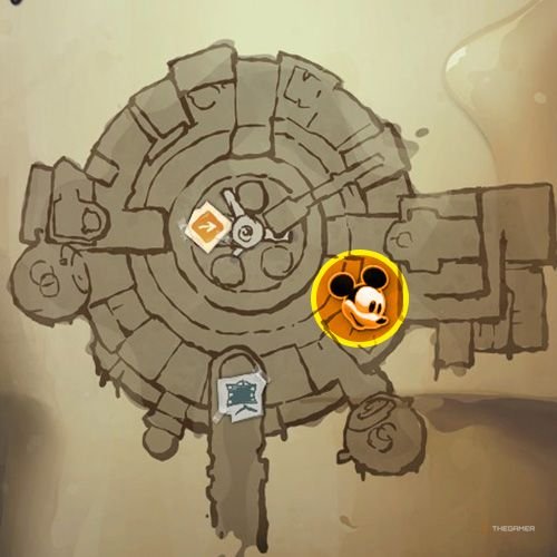 Every Pin And Where To Find Them In Epic Mickey: Rebrushed 81 An orange circle shows the location of Dog Tag location on map in Disney Epic Mickey - Rebrushed