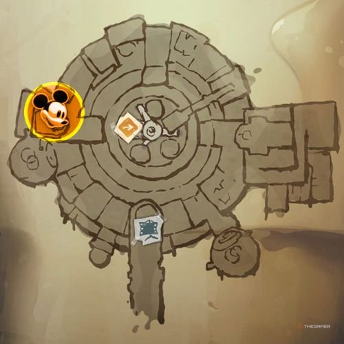 Every Pin And Where To Find Them In Epic Mickey: Rebrushed 85 An orange circle shows the location of Animatronic Goofy part 3 location on map in Disney Epic Mickey - Rebrushed