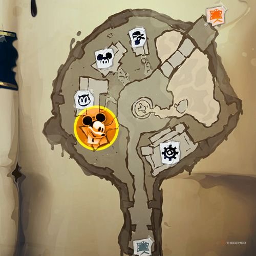 Every Pin And Where To Find Them In Epic Mickey: Rebrushed 101 An orange circle shows the location of Special Pin no 18 location on map in Disney Epic Mickey - Rebrushed