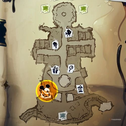 Every Pin And Where To Find Them In Epic Mickey: Rebrushed 89 An orange circle shows the location of Special Pin no 11 location on map in Disney Epic Mickey - Rebrushed