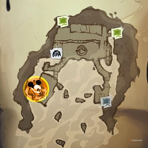 Every Pin And Where To Find Them In Epic Mickey: Rebrushed 109 An orange circle shows the location of first animatronic Daisy part location on map in Disney Epic Mickey - Rebrushed