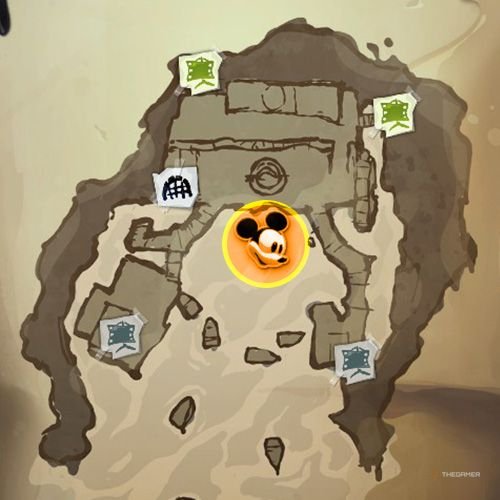 Every Pin And Where To Find Them In Epic Mickey: Rebrushed 115 An orange circle shows the location of Bronze Pin no 12 location on map in Disney Epic Mickey - Rebrushed