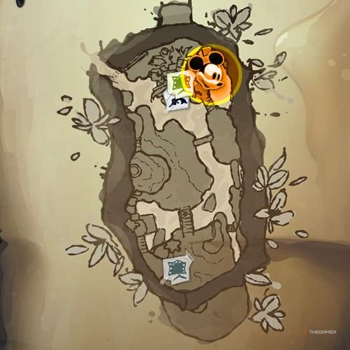 Every Pin And Where To Find Them In Epic Mickey: Rebrushed 119 An orange circle shows the location of Gold Pin no 10 location on map in Disney Epic Mickey - Rebrushed