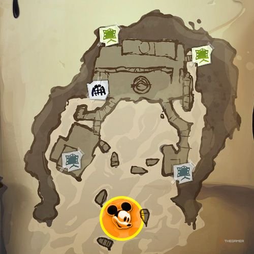 Every Pin And Where To Find Them In Epic Mickey: Rebrushed 113 An orange circle shows the location of Bronze Pin no 11 location on map in Disney Epic Mickey - Rebrushed