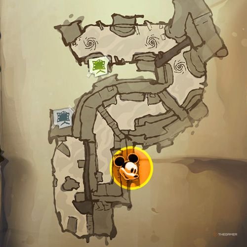 Every Pin And Where To Find Them In Epic Mickey: Rebrushed 123 An orange circle shows the location of Bronze Pin no 13 location on map in Disney Epic Mickey - Rebrushed