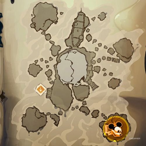 Every Pin And Where To Find Them In Epic Mickey: Rebrushed 127 An orange circle shows the location of Silver Pin no 12 location on map in Disney Epic Mickey - Rebrushed