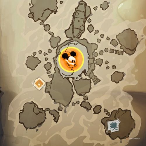 Every Pin And Where To Find Them In Epic Mickey: Rebrushed 131 An orange circle shows the location of third animatronic Daisy part location on map in Disney Epic Mickey - Rebrushed