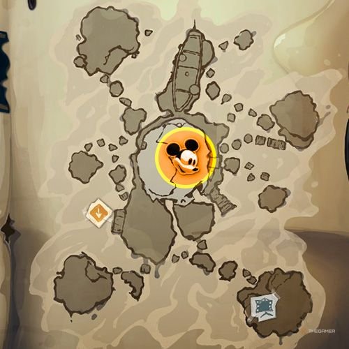 Every Pin And Where To Find Them In Epic Mickey: Rebrushed 133 An orange circle shows the location of Special Pin no 22 location on map in Disney Epic Mickey - Rebrushed