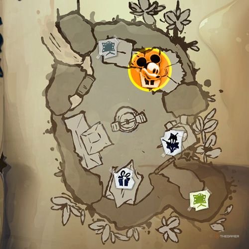 Every Pin And Where To Find Them In Epic Mickey: Rebrushed 143 An orange circle shows the location of Silver Pin no 13 location on map in Disney Epic Mickey - Rebrushed