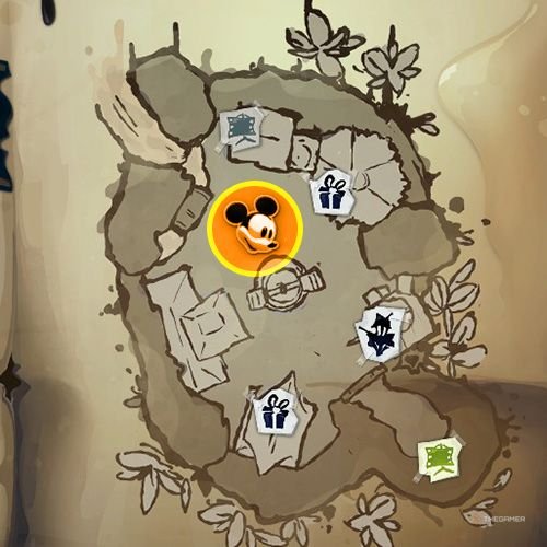 Every Pin And Where To Find Them In Epic Mickey: Rebrushed 153 An orange circle shows the location of Gold Pin no 13 location on map in Disney Epic Mickey - Rebrushed