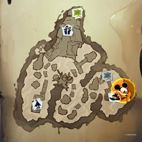 Every Pin And Where To Find Them In Epic Mickey: Rebrushed 155 An orange circle shows the location of Silver Pin no 14 location on map in Disney Epic Mickey - Rebrushed
