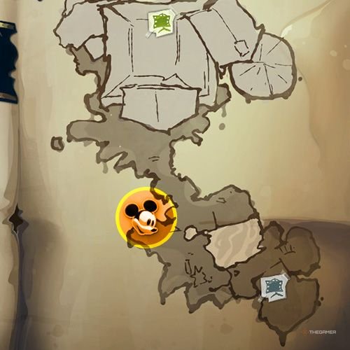 Every Pin And Where To Find Them In Epic Mickey: Rebrushed 161 An orange circle shows the location of Bronze Pin no 15 location on map in Disney Epic Mickey - Rebrushed