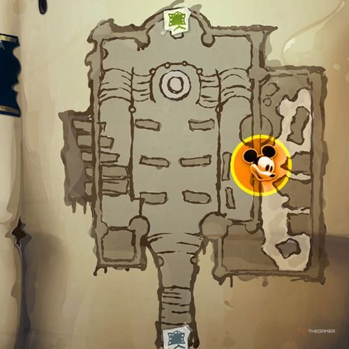 Every Pin And Where To Find Them In Epic Mickey: Rebrushed 173 An orange circle shows the location of first animatronic Donald part location on map in Disney Epic Mickey - Rebrushed