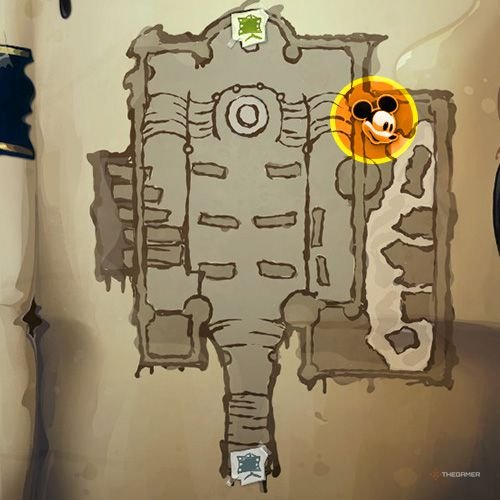 Every Pin And Where To Find Them In Epic Mickey: Rebrushed 169 An orange circle shows the location of Sİlver Pin no 16 location on map in Disney Epic Mickey - Rebrushed