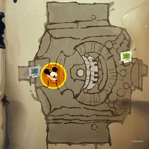 Every Pin And Where To Find Them In Epic Mickey: Rebrushed 181 An orange circle shows the location of second animatronic Donald part location on map in Disney Epic Mickey - Rebrushed