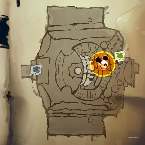 Every Pin And Where To Find Them In Epic Mickey: Rebrushed 177 An orange circle shows the location of Bronze Pin no 16 location on map in Disney Epic Mickey - Rebrushed