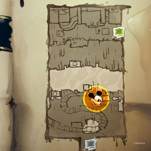 Every Pin And Where To Find Them In Epic Mickey: Rebrushed 183 An orange circle shows the location of third animatronic Donald part location on map in Disney Epic Mickey - Rebrushed