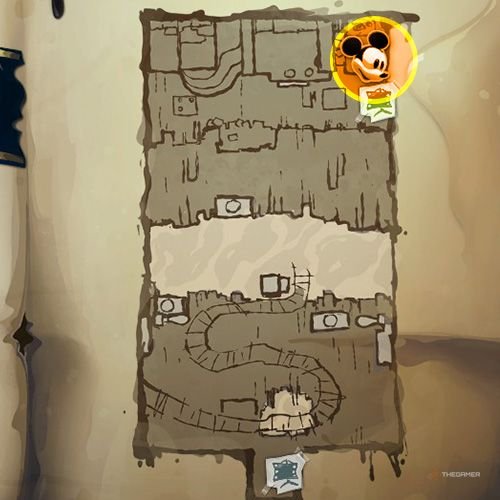 Every Pin And Where To Find Them In Epic Mickey: Rebrushed 187 An orange circle shows the location of Gold Pin no 16 location on map in Disney Epic Mickey - Rebrushed