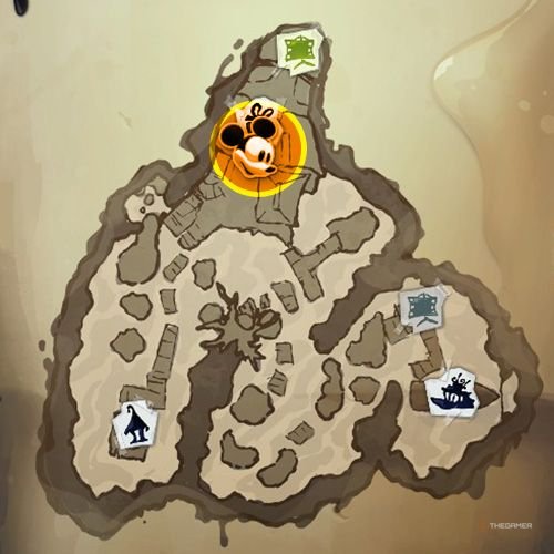 Every Pin And Where To Find Them In Epic Mickey: Rebrushed 193 An orange circle shows the location of Special Pin no 33 location on map in Disney Epic Mickey - Rebrushed