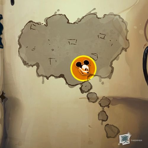 Every Pin And Where To Find Them In Epic Mickey: Rebrushed 203 An orange circle shows the location of Special Pin no 37 location on map in Disney Epic Mickey - Rebrushed