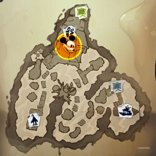 Every Pin And Where To Find Them In Epic Mickey: Rebrushed 197 An orange circle shows the location of Sİlver Pin no 17 location on map in Disney Epic Mickey - Rebrushed