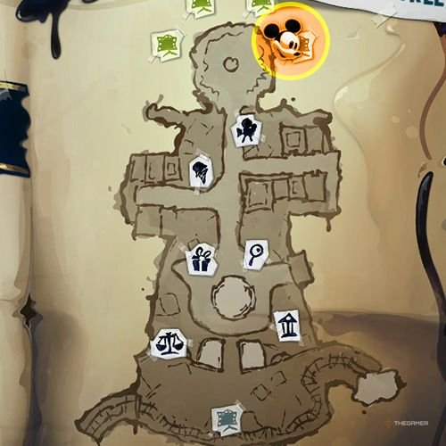 Every Pin And Where To Find Them In Epic Mickey: Rebrushed 207 An orange circle shows the location of Special Pin no 39 location on map in Disney Epic Mickey - Rebrushed