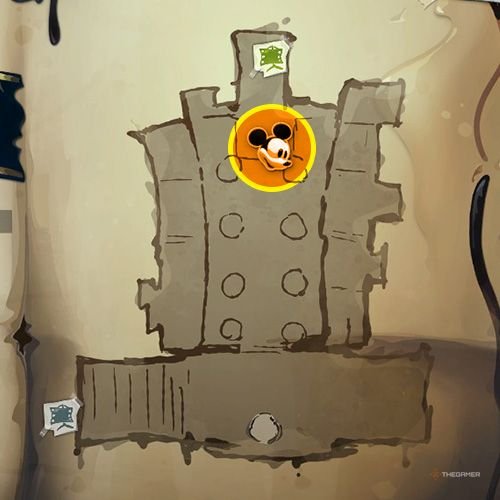 Every Pin And Where To Find Them In Epic Mickey: Rebrushed 211 An orange circle shows the location of Gold Pin no 17 location on map in Disney Epic Mickey - Rebrushed
