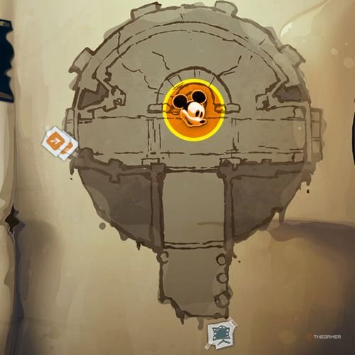 Every Pin And Where To Find Them In Epic Mickey: Rebrushed 213 An orange circle shows the location of Special Pin no 40 location on map in Disney Epic Mickey - Rebrushed