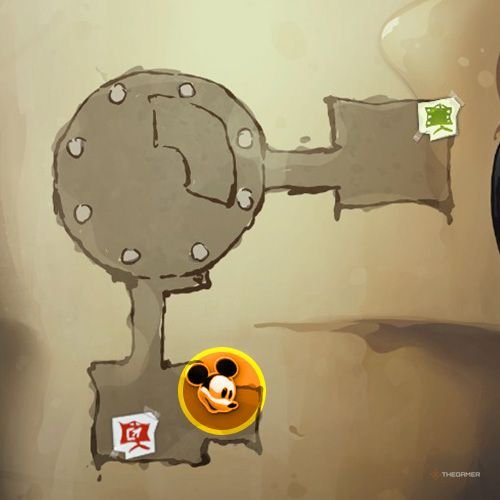 Every Pin And Where To Find Them In Epic Mickey: Rebrushed 217 An orange circle shows the location of Gold Pin no 18 location on map in Disney Epic Mickey - Rebrushed