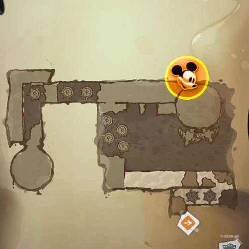 Every Pin And Where To Find Them In Epic Mickey: Rebrushed 225 An orange circle shows the location of Gold Pin no 20 on map in Disney Epic Mickey - Rebrushed
