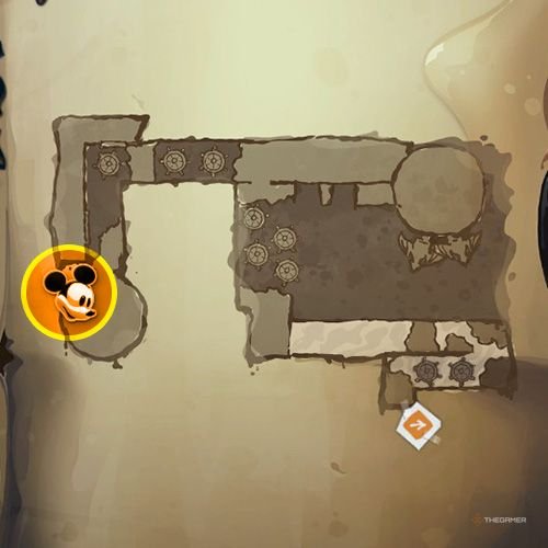 Every Pin And Where To Find Them In Epic Mickey: Rebrushed 221 An orange circle shows the location of Special Pin no 41 on map in Disney Epic Mickey - Rebrushed