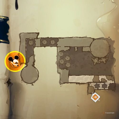 Every Pin And Where To Find Them In Epic Mickey: Rebrushed 223 An orange circle shows the location of Silver Pin no 18 on map in Disney Epic Mickey - Rebrushed