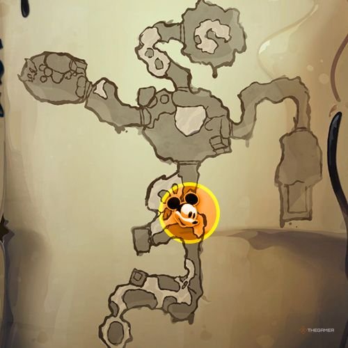 Every Pin And Where To Find Them In Epic Mickey: Rebrushed 229 An orange circle shows the location of Bronze Pin no 19 on map in Disney Epic Mickey - Rebrushed