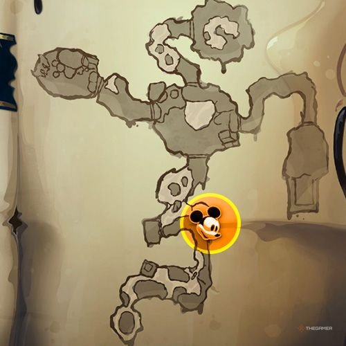 Every Pin And Where To Find Them In Epic Mickey: Rebrushed 227 An orange circle shows the location of Special Pin no 42 on map in Disney Epic Mickey - Rebrushed